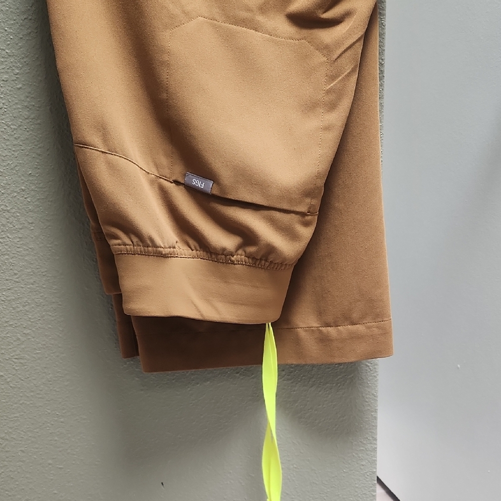 Figs Isabel Wide Leg Pants in Camel with Neon Yellow Drawstring